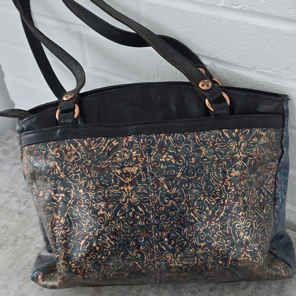 Patricia Nash Black Gold Embossed Floral Tote Bag Metal Hardware Medium - Picture 11 of 16